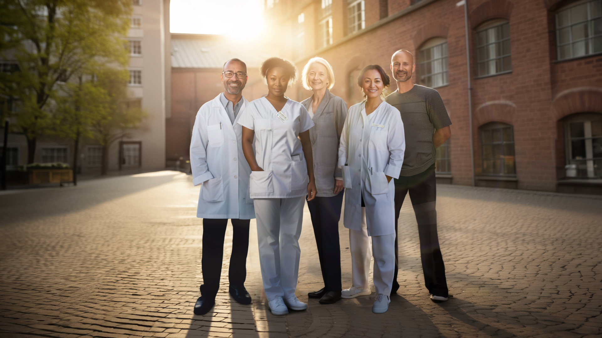 Bild utomhus över fem personer, blandade etniciteter och kön. Symboliserar farmaceuternas många yrkesvägar.